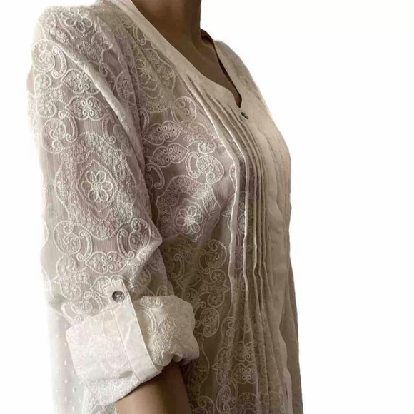 Anthropologie Meadow Rue Blouse White Button Down Lace Embroider Blouse Size Med - Picture 6 of 10